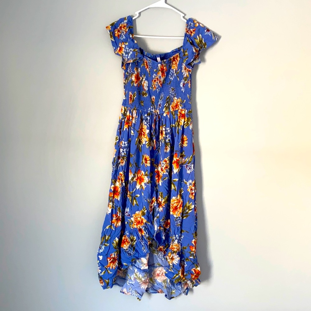 Xhilaration Blue multi flower print high-low dress with pockets size small
